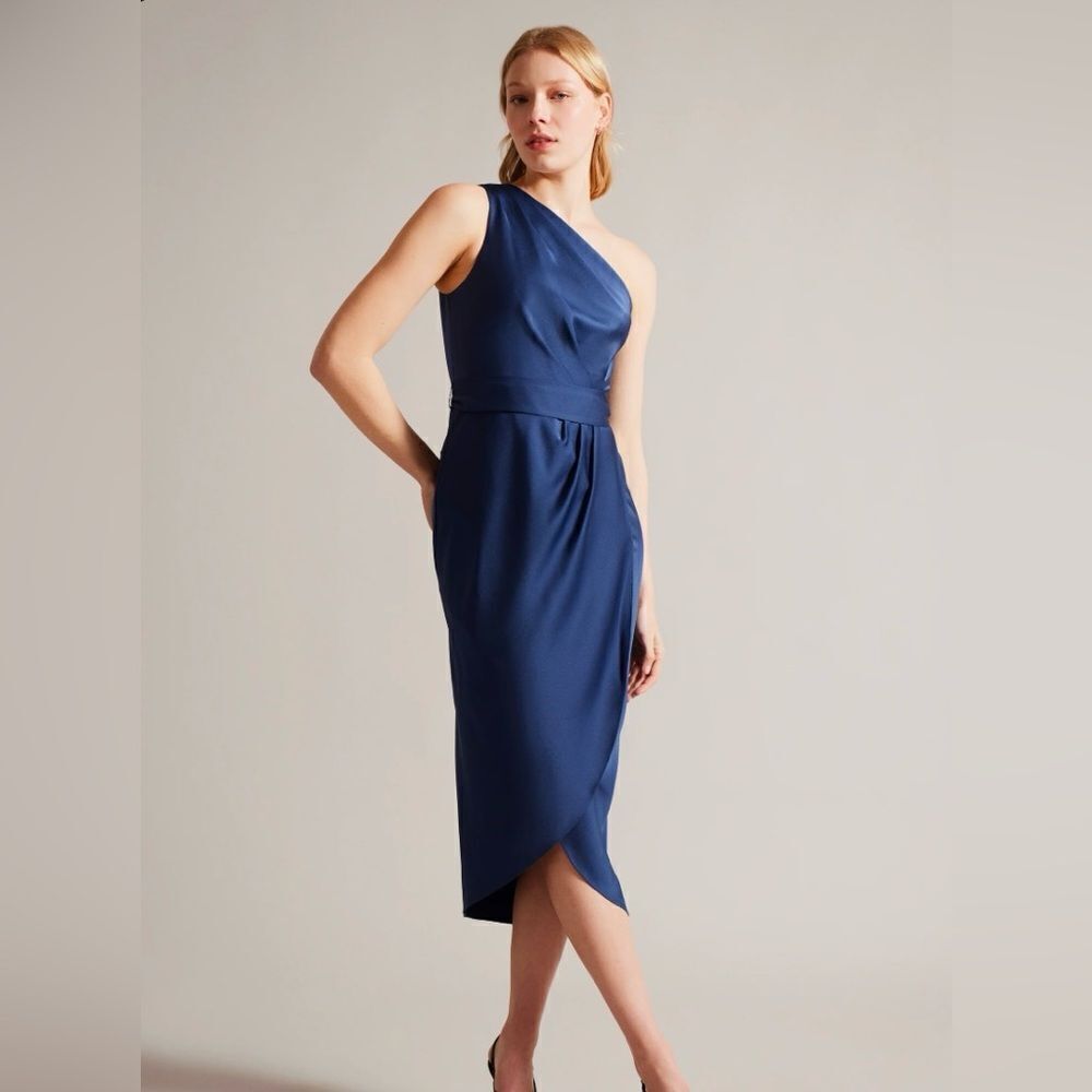 Ted Baker Gabie One Shoulder Drape Midi Dress Blue Sz 2 US XS  Belt NWT